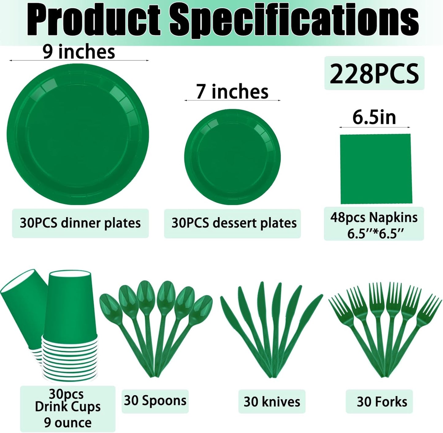 TWOWYHI 228PCS Green Party Supplies Set Include Paper Plates Cups Paper Napkins Plastic Spoons Forks Knives for 30 Guests Disposable Party Dinnerware for Birthday Wedding Family Picnic