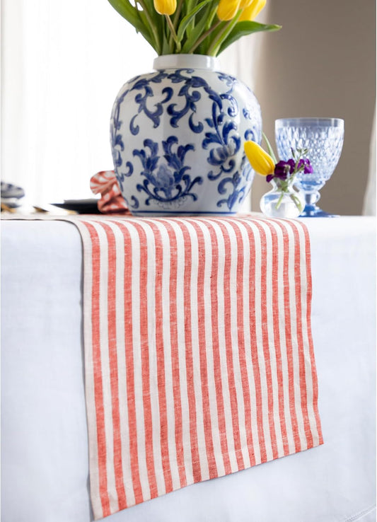 Solino Home Linen Table Runner 60 Inches - Amalfi Stripe 100% Pure Linen Red and White Farmhouse Table Runner 14 x 60 Inch Ideal for Dresser and Coffee Tables - Christmas