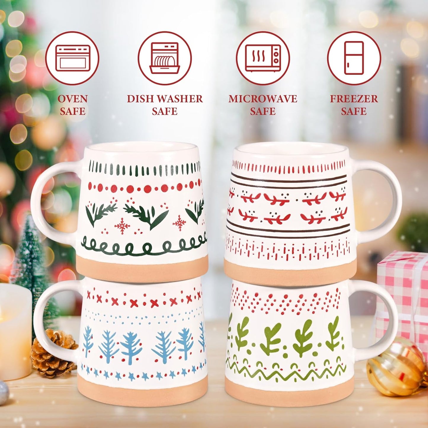 Maustic Christmas Mugs Set of 4, Christmas Coffee Mugs, Ceramic Holiday Mug for Hot Cocoa, Hot Chocolate, Coffee, Tea, Family Gifts, 14 Oz, Microwave & Dishwasher Safe