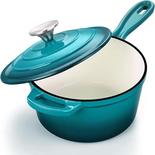 3 Quart Sauce Pan with Lid, Leonyo Enameled Cast Iron Sauce Pot, Large Cast Iron Pot Dutch Oven Kitchen Cookware for All Cooktops Cooking Pasta, Soup, Milk - Up to 500°F & 8bs, Lake Green