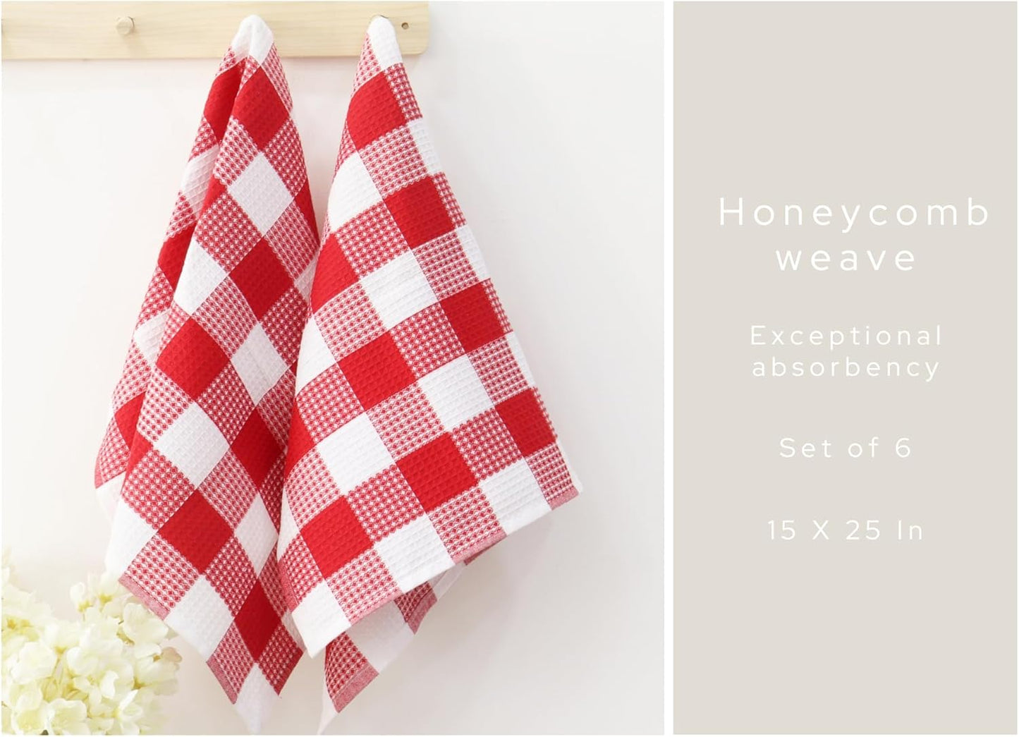 PurpleEssences 100% Cotton Waffle Weave Check Plaid Kitchen Towels, Super Soft and Absorbent Dish Towels for Drying Dishes 15 x 25-6 Pack - Fall Thanksgiving - Red and White