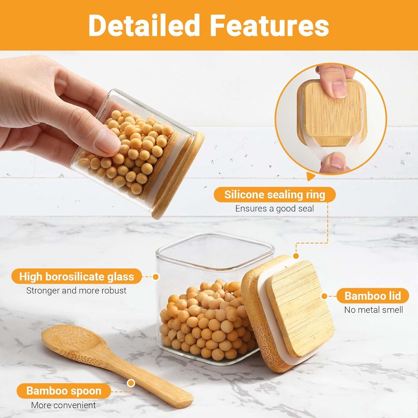 Square Glass Jars with Bamboo Lids Set of 2, 4 Fl.oz Small Glass Spice Jars with Airtight Lid, Stackable Sugar Coffee Containers Clear Food Storage Canister for Loose Tea, Jam, Seasoning