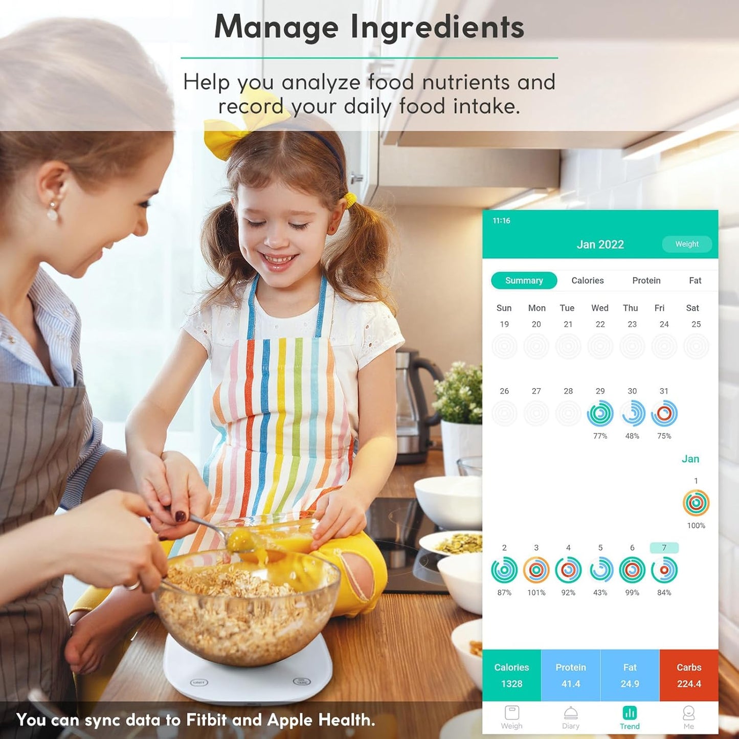 Arboleaf Smart Food Kitchen Scale, 22lb Digital Food Scale with Nutritional Calculator, USB Rechargeable, Smart Weighing with App for Macro, Keto, Calorie, Cooking, Grams and Ounces, 0.1oz/0.5g, White