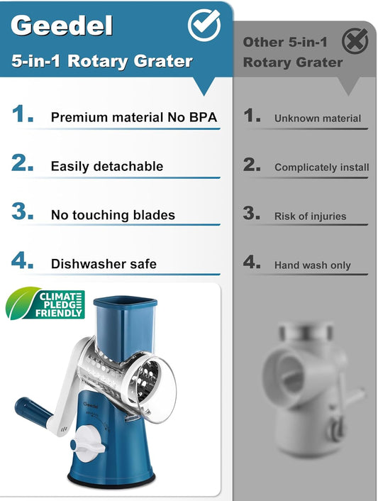 Geedel Rotary Cheese Grater Cheese Shredder - Upgraded 5-in-1 Cheese Grater with Handle and Strong Suction Base, Multi-purpose Vegetable Slicer Ice Shaver Nuts Grinder for Ice, Vegetables, Fruit, Nuts