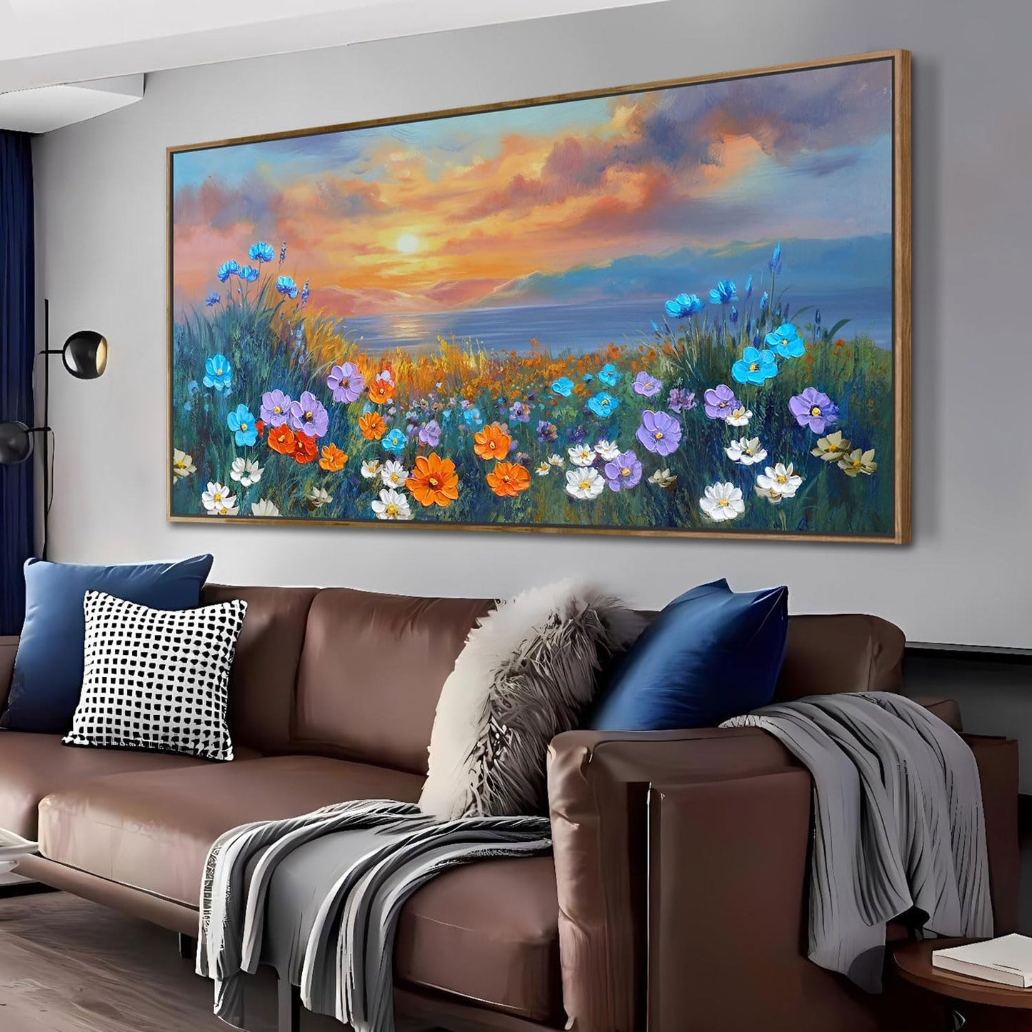 Ardemy Wildflower Wall Art for Living Room Large Framed Floral Canvas Pictures Bedroom Wall Decor Sunset Paintings Flower Textured Artwork for Walls Dining Room Home Office 58"x29"