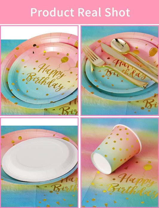 Birthday Party Tableware, 161 Pieces Rainbow gold Party Supplies, Party Dinnerware Sets Include Paper Plates Napkins Cups Silverware, for Shower Engagement Parties Decoration -20 Serves