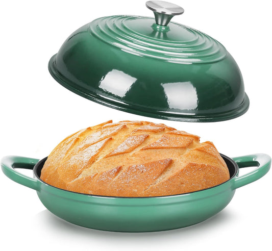 TeamFar Cast Iron Bread Dutch Oven, 6 Qt Enameled Dutch Oven Pot for Sourdough Bread Baking, with Tall Dome Lid & Round Base Pan, Self-Basting & Even-Heating, Heavy-Duty & Non-stick, Dark Green