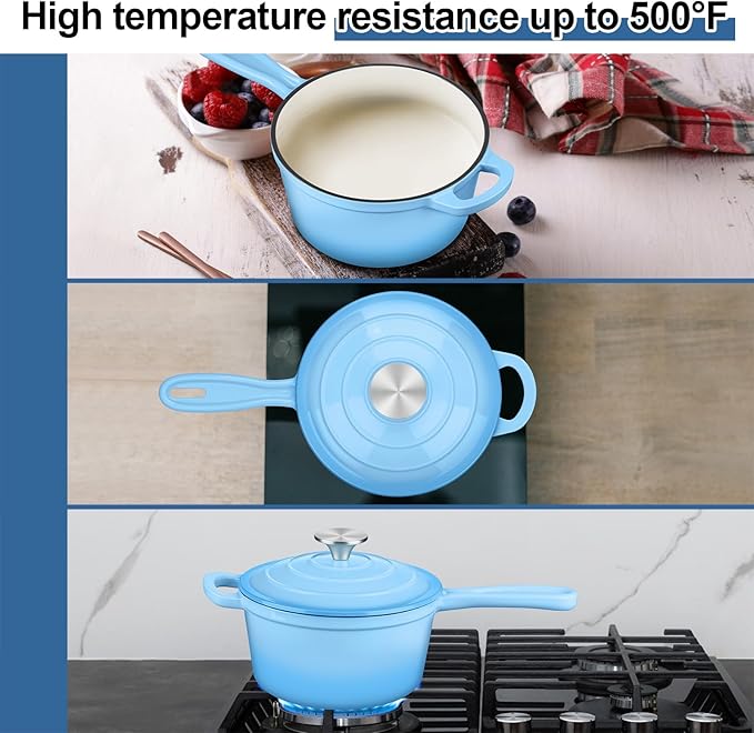 Enameled Cast Iron Sauce Pan with Lid, Leonyo 2 Quart Saucepan with Lid, Enamel Cast Iron Dutch Oven for All Cooktops Making Pasta Sauce, Milk, Oatmeal - Up to 500°F & 6.7Lbs, Lake Blue