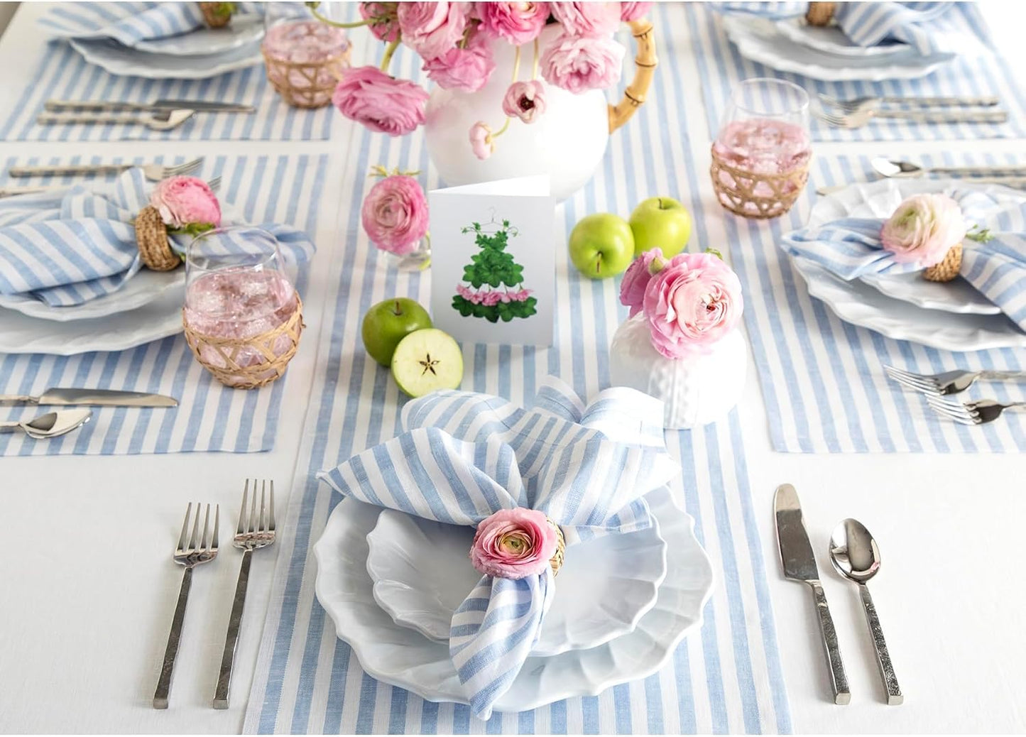 Solino Home Linen Table Runner 132 Inches Long - Amalfi Stripe, 100% Pure Linen Sky Blue and White Farmhouse Table Runner 14 x 132 Inch for Dining