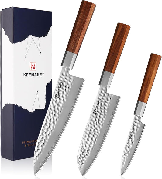 KEEMAKE Kitchen Knife Set 3-pcs - Chef Knife Set with 3-layer Japanese 9CR18MOV Clad Steel Blade, Sharp Knives Set for Kitchen with Octagon Rosewood Handle Kitchen Knives