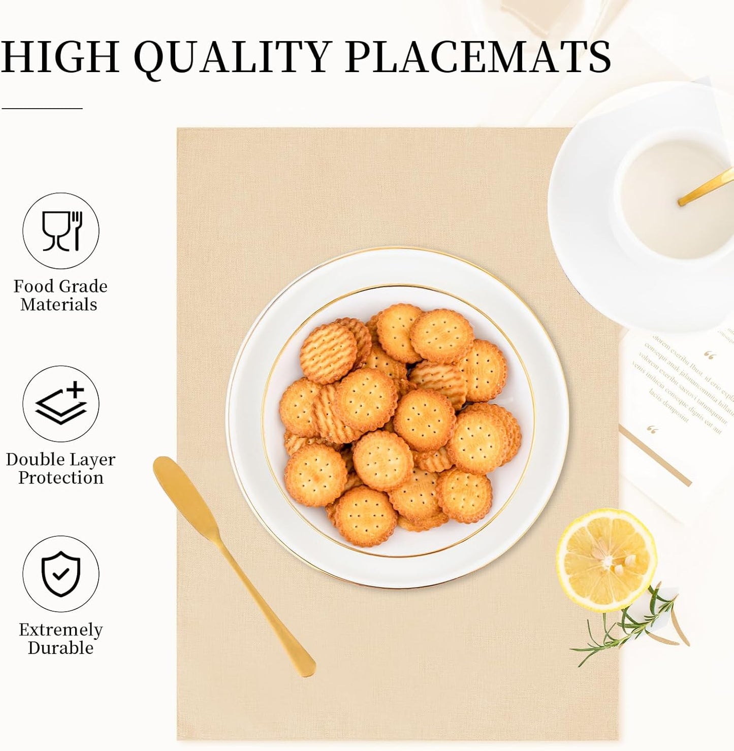 Placemats Set of 6 Linen Type Fabric Cloth Placemats, 19 x 13 Inch Double Layered Thick Wrinkle Free Heat Resistant Table Place, for Dining, Kitchen, Party (Beige, 48 * 33cm)