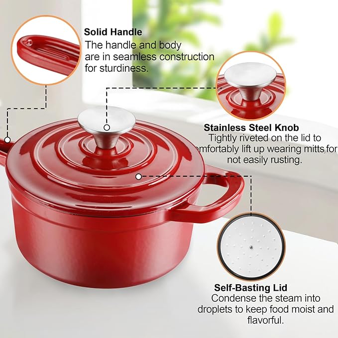 Enameled Cast Iron Sauce Pan, 1 Quart Enameled Saucepan with Lid, Mini Dutch Oven Enamel Saucepan for Cooking Pasta Sauce, Gravy, Puddings, Marinate, Boiling (Gradient Red)