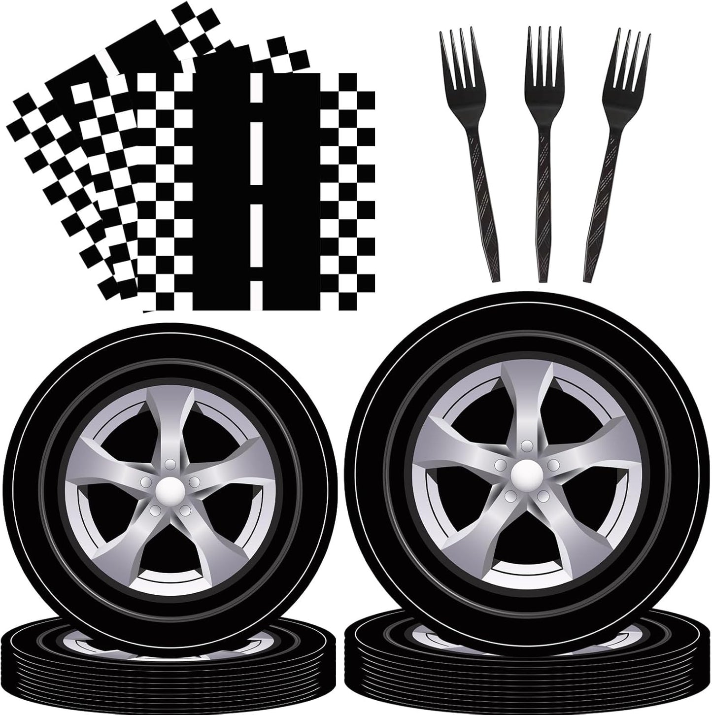 DTDO 96Pcs Race Car Party Plates and Napkins Set Include Wheels Track Napkins Black Forks Disposable Racing Themed Birthday Dinnerware for Boys Birthday Decorations Serves 24