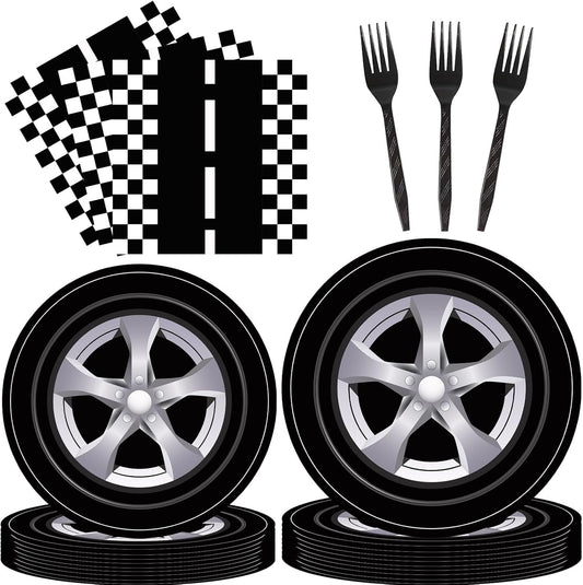 DTDO 96Pcs Race Car Party Plates and Napkins Set Include Wheels Track Napkins Black Forks Disposable Racing Themed Birthday Dinnerware for Boys Birthday Decorations Serves 24