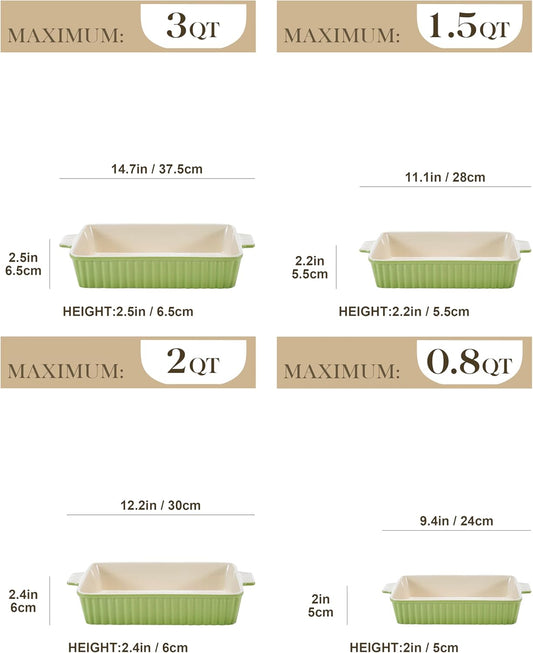 MALACASA Bakeware Set of 4, Porcelain Baking Pans Set for Oven, Casserole Dish, Ceramic Rectangular Baking Dish Lasagna Pans for Cooking Cake Kitchen, Green (9.4"/11.1"/12.2"/14.7"), Series BAKE.BAKE