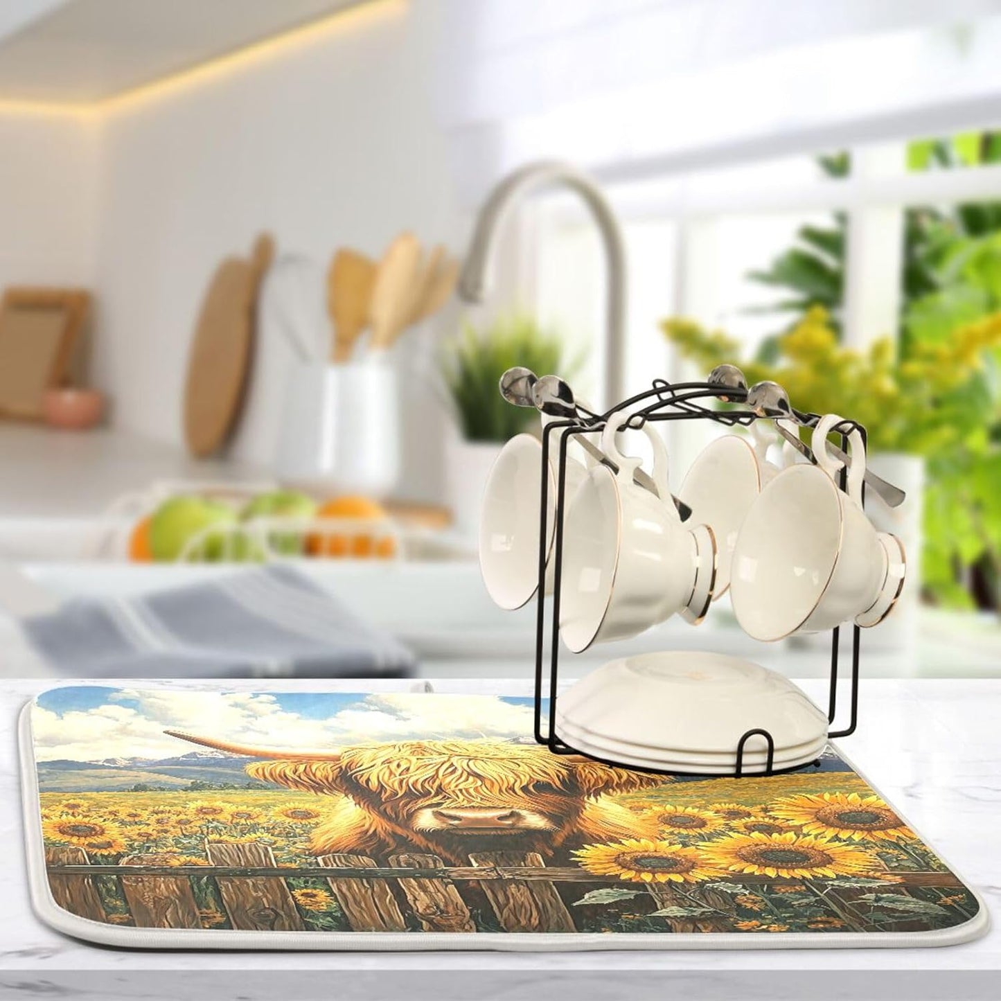 Highland Cow Sunflower Field Dish Drying Mat for Kitchen Counter Super Absorbent Dishes Pad Reversible Microfiber Protector Dish Draining Mats 16x18 inch