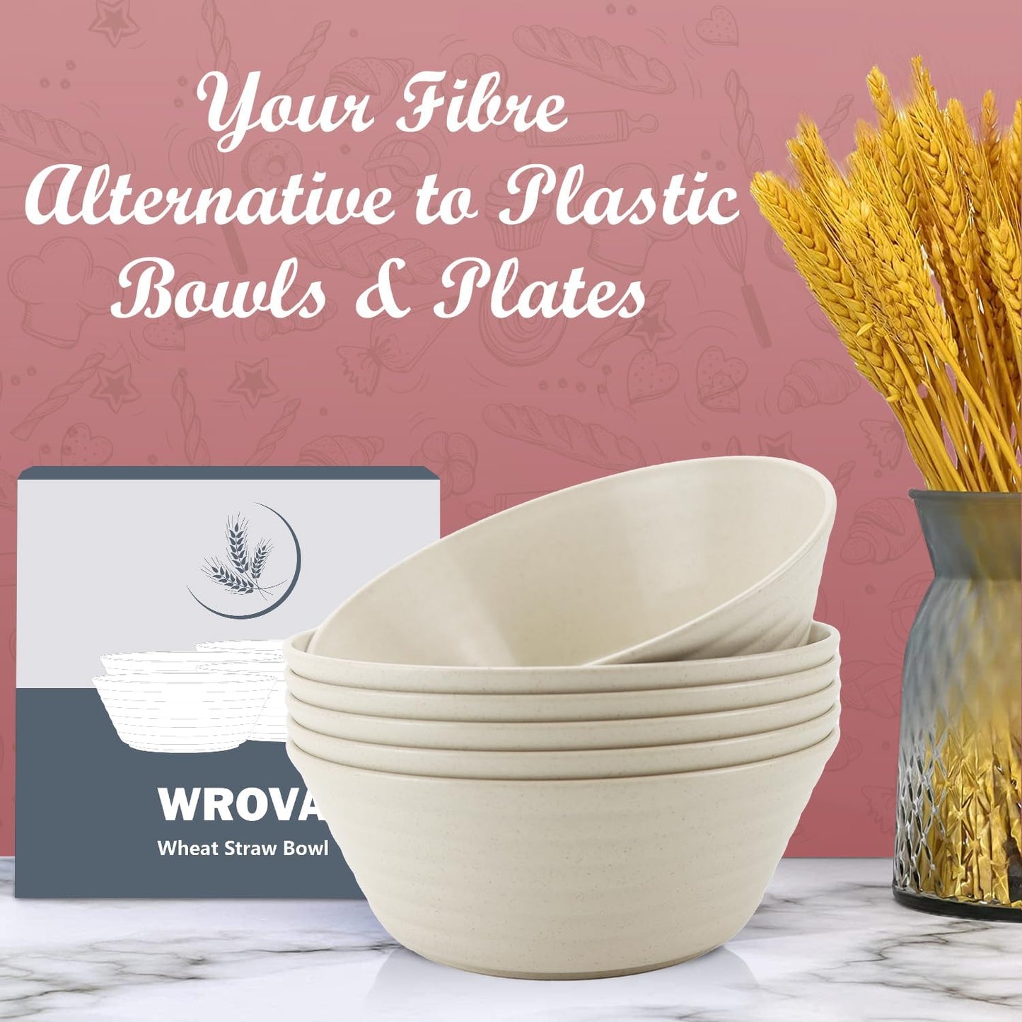 Wrova Wheat Straw Bowl Sets,6 PCS Unbreakable Cereal Bowl 50 OZ,Microwave and Dishwasher Safe Bowls,Super Big Bowl Sets BPA Free for Serving Cereal,Oatmeal and Salad (Beige)