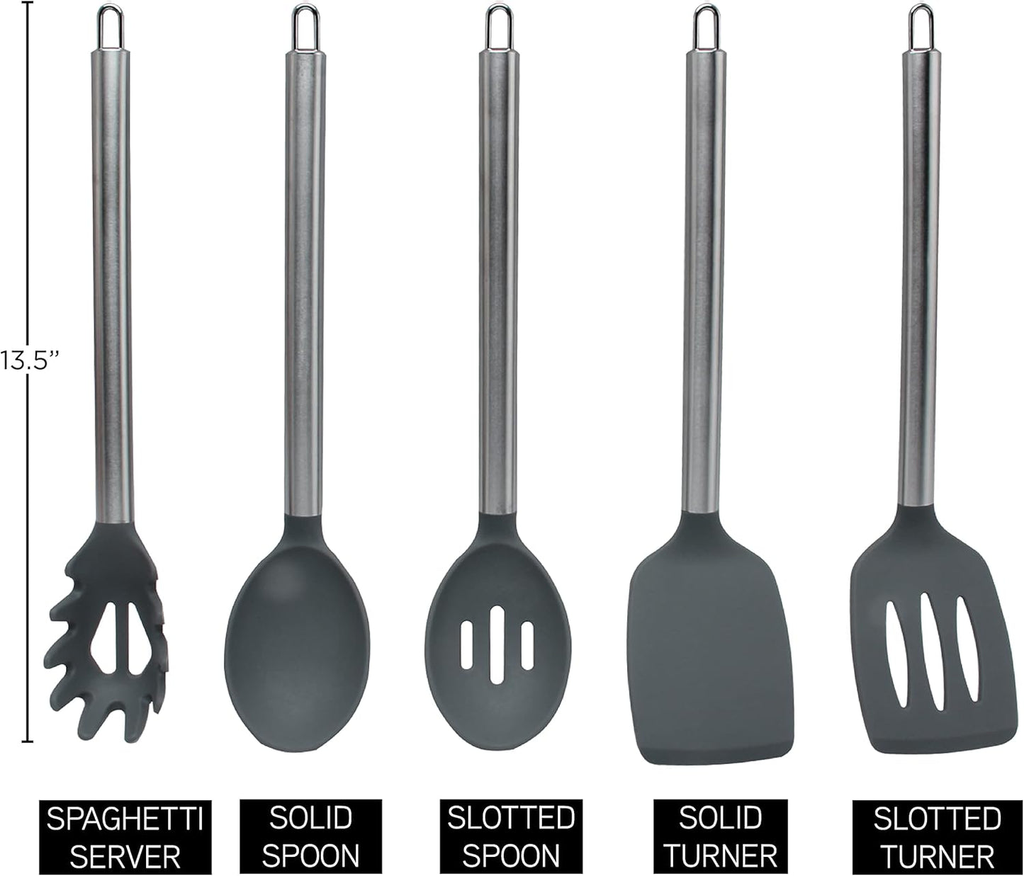 COOK WITH COLOR Silicone Cooking Utensils, Kitchen Utensil Set, Easy to Clean Silicone Kitchen Utensils, Cooking Utensils for Nonstick Cookware, Kitchen Gadgets Set, 5 Pieces, Gray - Stainless Steel