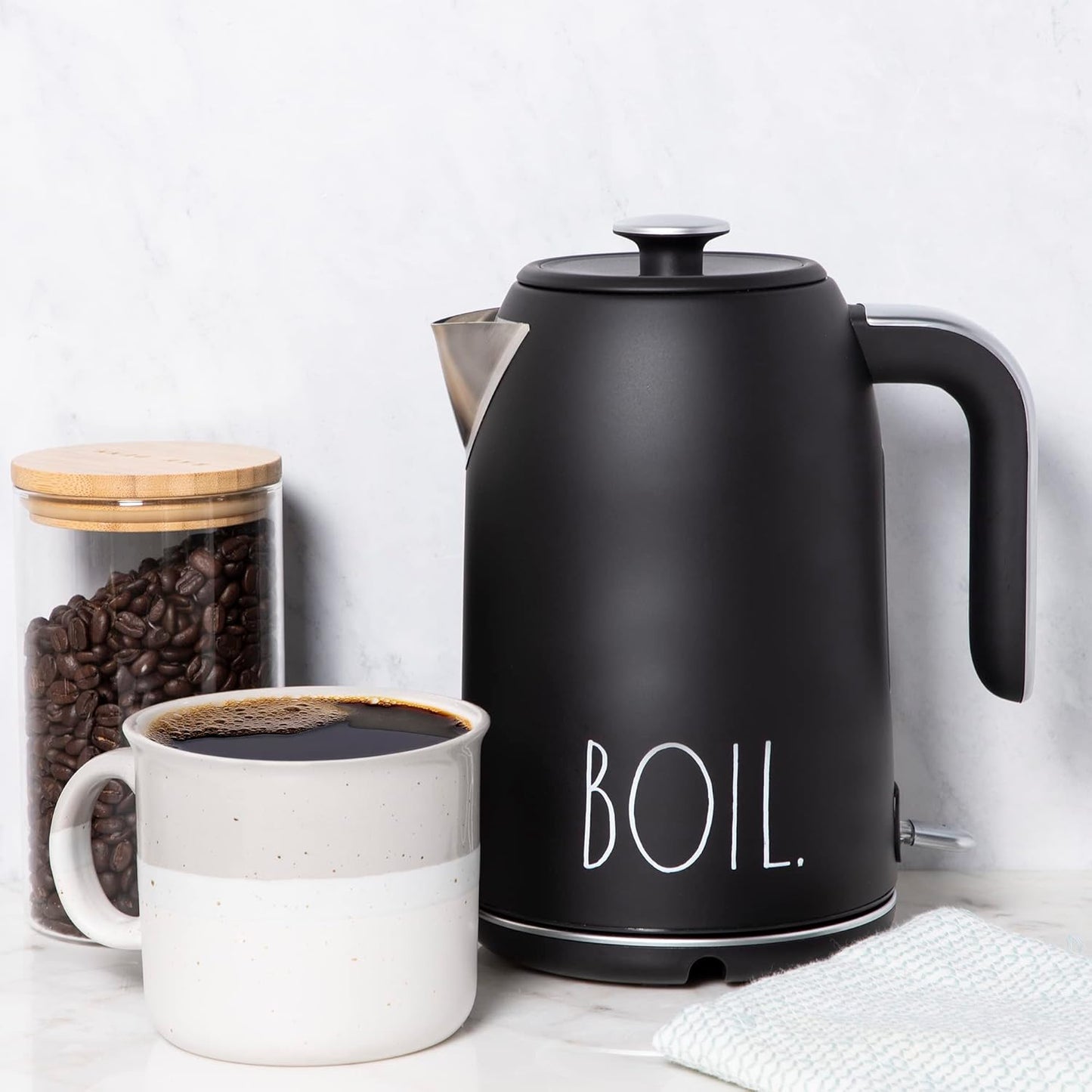 Rae Dunn Electric Hot Water Kettle - Stainless Steel Coffee Maker, Tea Kettle, Swivel Base, With Automatic Shut Off Boil-Dry Protection, Easy Pour Pitcher, 1500 Watt Boiling Power, 1.7 Liters, Black