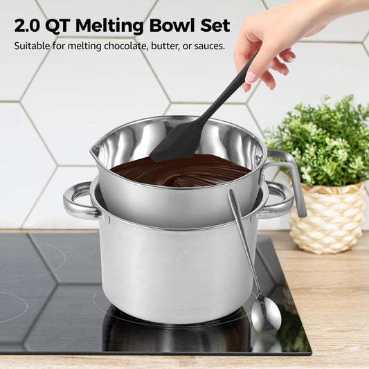 Double Boiler Set with Silicone Spatula - 2.0 QT Stainless Steel Double Boiler with Scale & Handle for Melting Chocolate, Soap, Wax, Candle Making