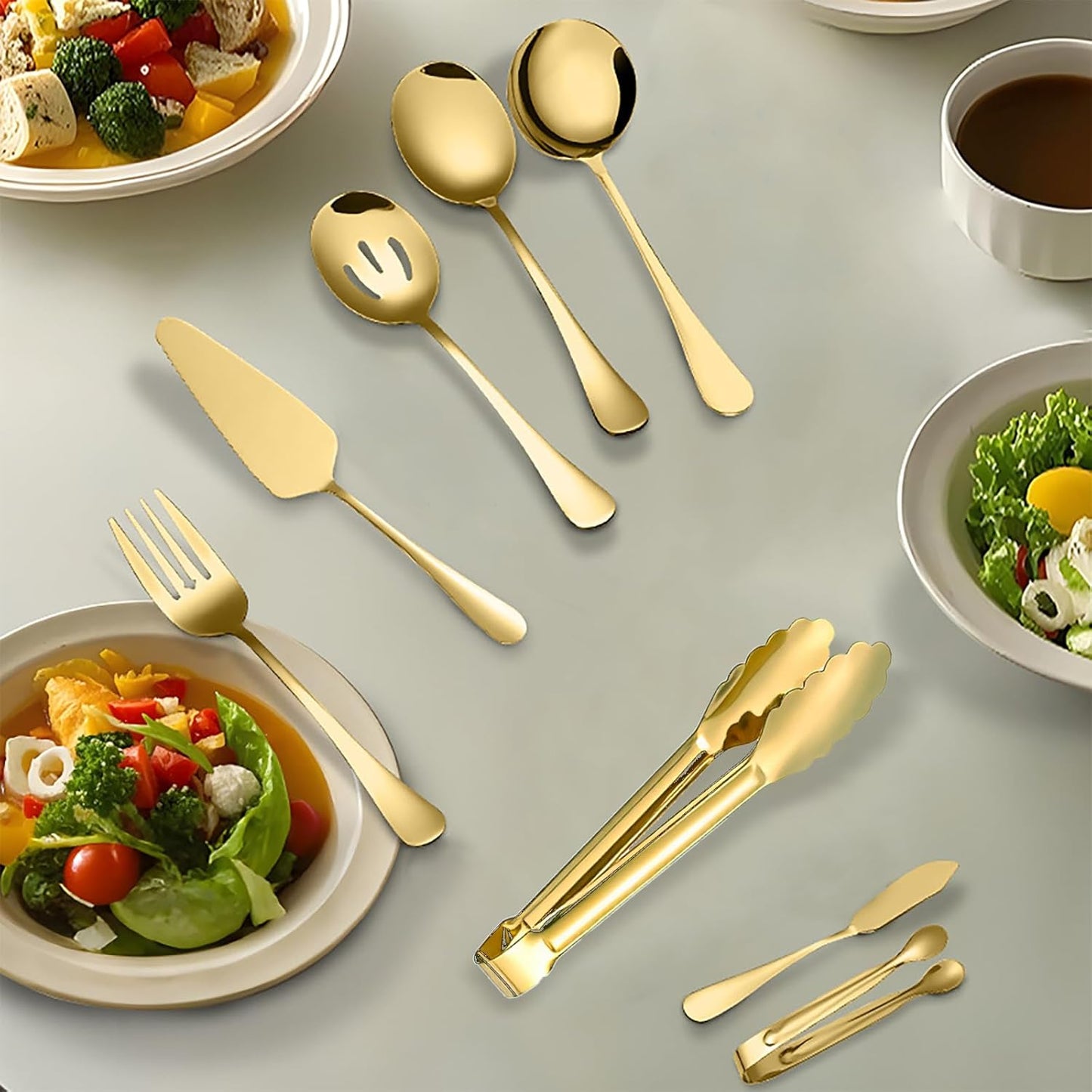 13 Piece Gold Large Serving Utensils, Stainless Steel Include Serving Spoons, Slotted Spoons, Forks, Serving Tongs, Soup Ladle, Pie Cake Server, Appetizers Tongs. Ideal for Buffets/Parties/Wedding