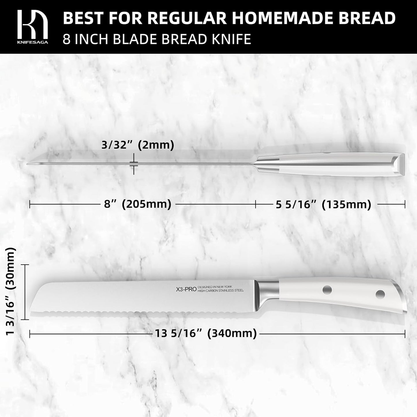 Bread Knife - 8 Inch Japanese Serrated Sourdough Bread Slicing Knife, High Carbon Stainless Steel, Razor Sharp, Ergonomic White Handle