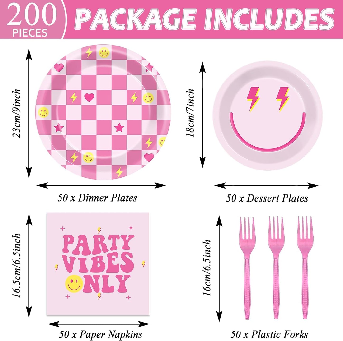 200Pcs Preppy Party Supplies Pink Smile Face Paper Plates Napkins Preppy Smile Face Party Tableware Set Dinnerware for Birthday Bachelor Baby Shower Decoration Serve 50