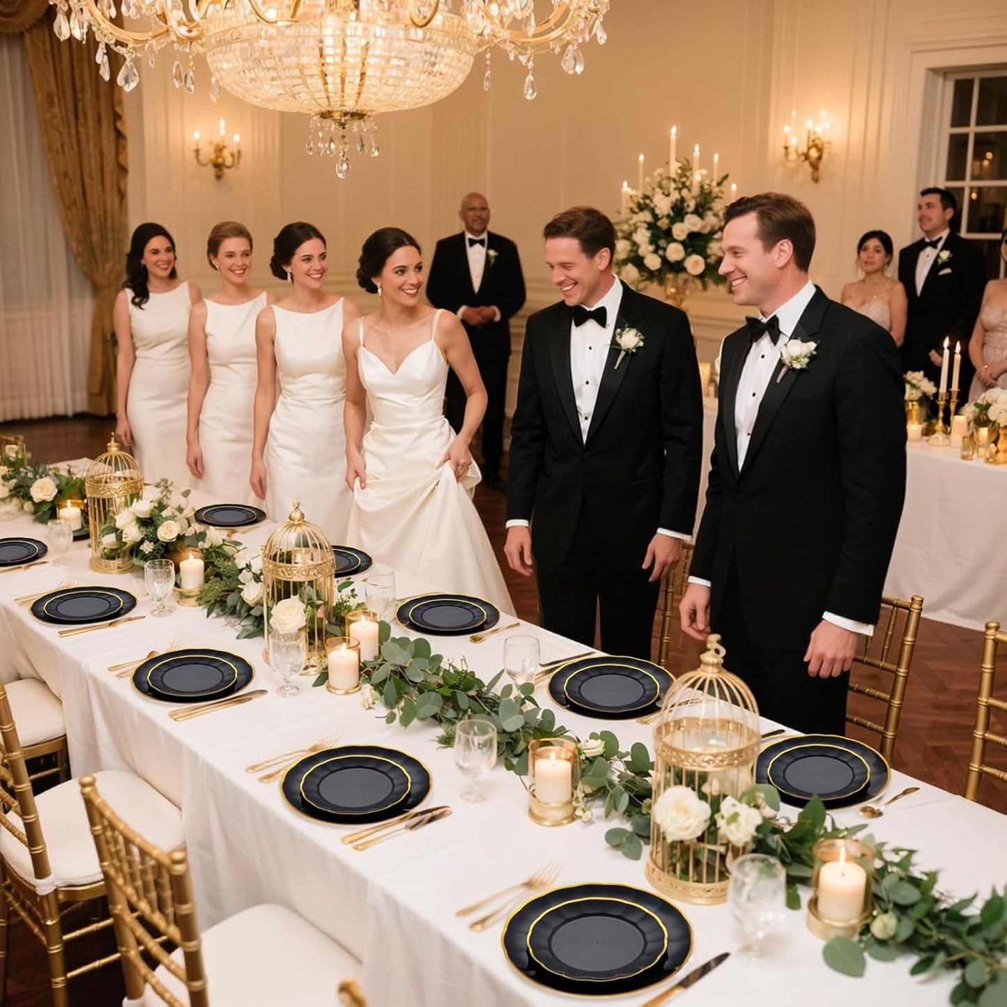 EI 150pcs Black Plastic Plates,Black and Gold Fancy Plate,Gold Plastic Silverware,Black and Gold Dinnerware Set,Premiun Heavy Duty Taleware,Perfect for Halloween,Party,Wedding,Anniversary