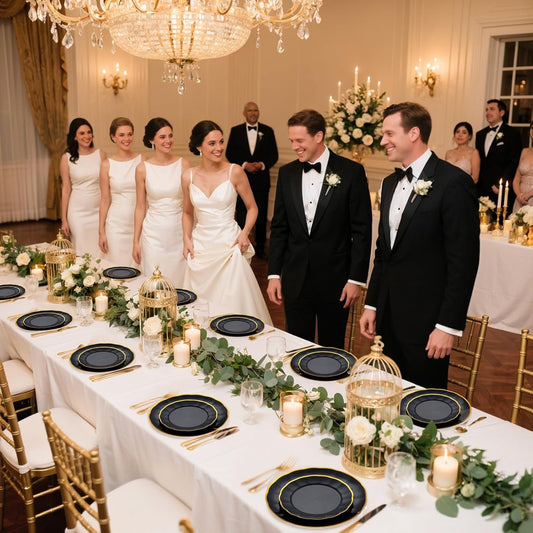 EI 150pcs Black Plastic Plates,Black and Gold Fancy Plate,Gold Plastic Silverware,Black and Gold Dinnerware Set,Premiun Heavy Duty Taleware,Perfect for Halloween,Party,Wedding,Anniversary