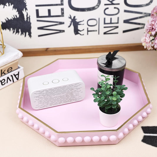 Pink Serving Tray for Coffee Table, Octagonal Beaded Plastic Decorative Tray for Ottoman, Kitchen Counter, Living Room, Outdoor Lacquer Tray for Entertaining