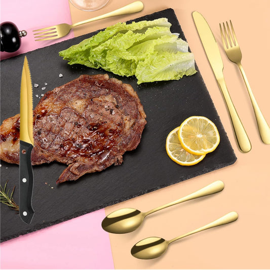 Gold Flatware Set For 4 Silverware Stainless Steel Forks and Spoons Knives Cutlery 24 Pieces Kitchen Utensils Parties Festival Casual or Formal Occasions