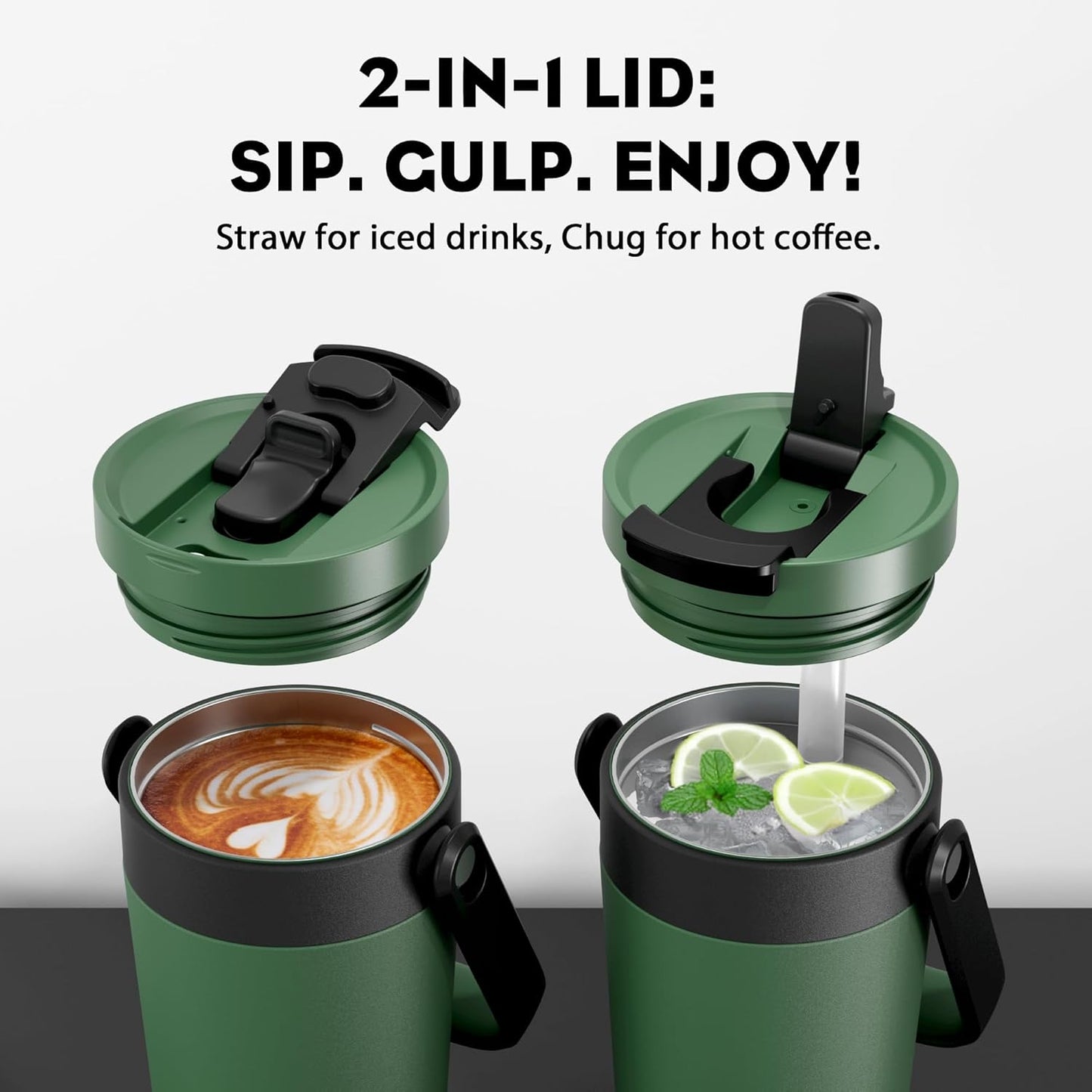24 oz Insulated Coffee Mug for Gifts: 2-in-1 Straw Flip Lid, Keep Cold 24H, Fit in Car Cupholder, Leakproof, Stainless Steel Coffee Tumbler with Handle for Work, Travel, Camping and Home (Forest)
