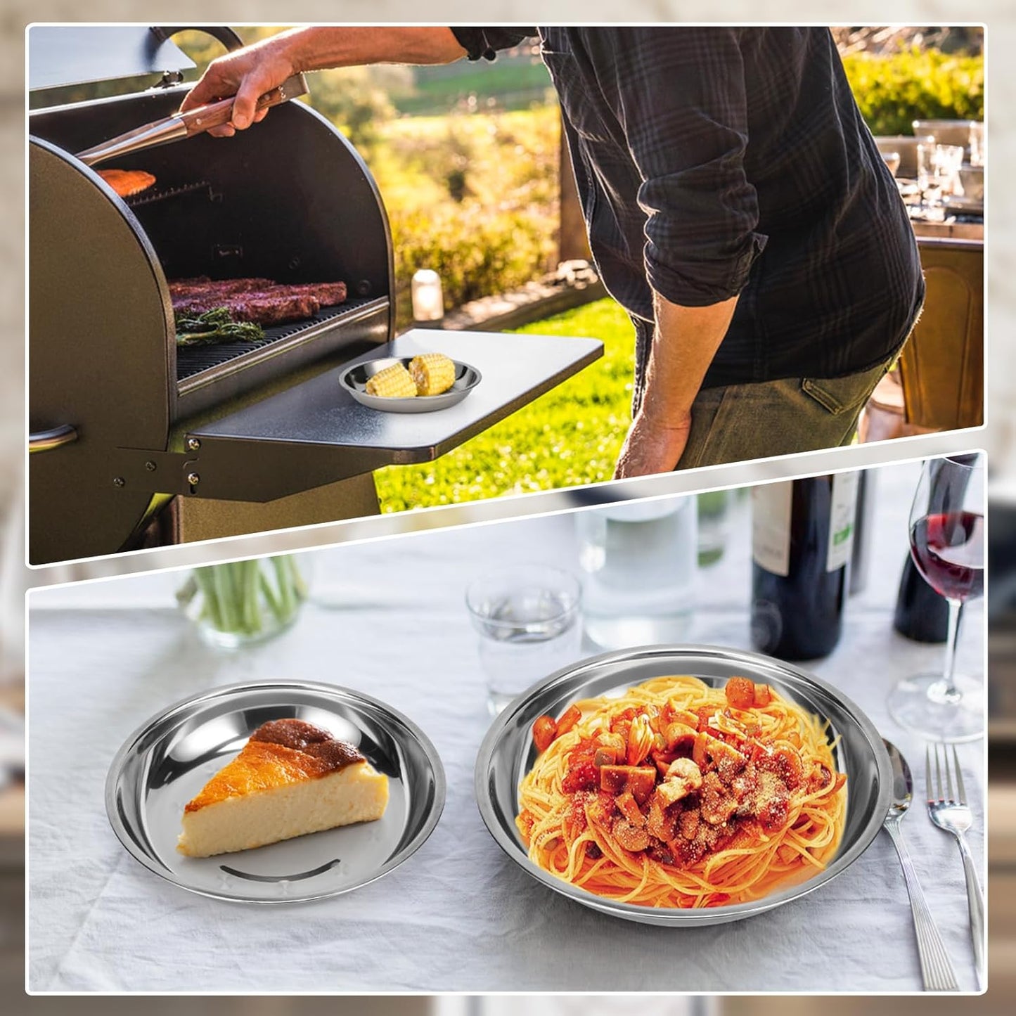 Patterned Deep Stainless Steel Plates, 8 Set 7 inch 201 Metal Food Serving Plate, Reusable Snack Eating Dishes Round Shatterproof Silver Dinnerware for BBQ Dinner Oven Dishwasher Safe