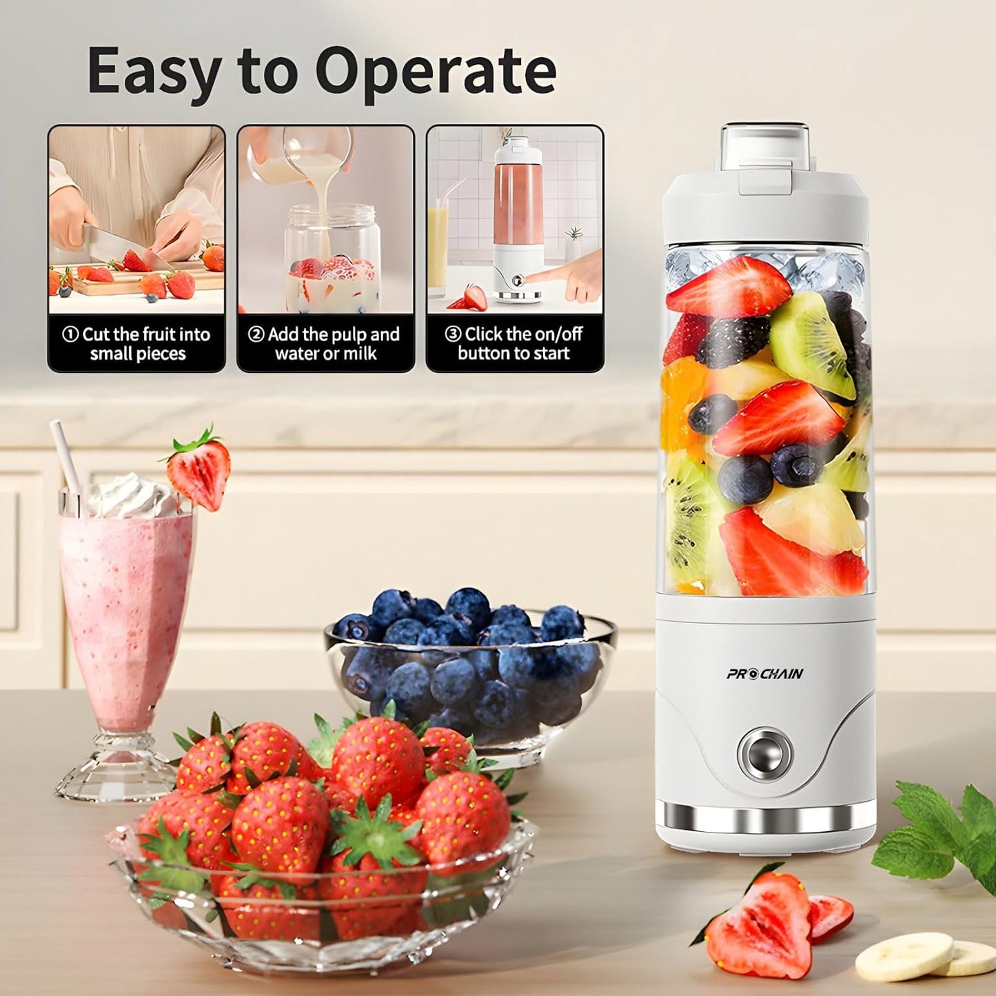 PROCHAIN Portable Blender, 22oz Cordless Personal Blenders, Electric USB Rechargeable Juicer, Smoothies, Ice Crush, Travel, Protein Shakes Cup, BPA-Free, Dishwasher Safe