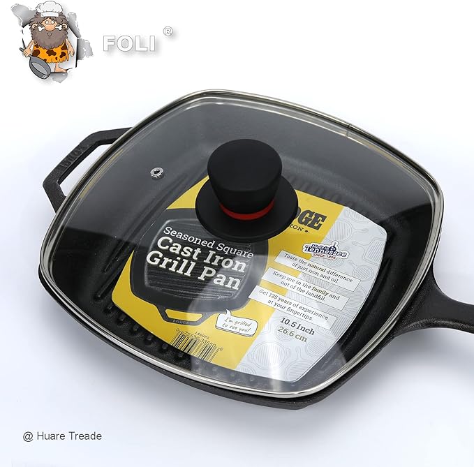 FOLI Square Glass Lid for Grill Pans with Steam Vent Hole - Fits Lodge Cast Iron Skillets 10.5inch(26.67cm) - Square Tempered Glass Lid - Universal Replacement Cover Bakelite Round Knob
