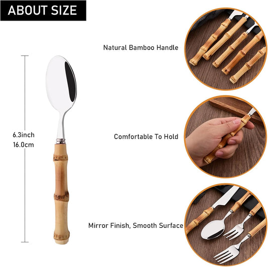 Dessert Spoon Set with Bamboo Handle, 8-Piece Stainless Steel Shiny Silver Dessert Spoon, Natural Bamboo Cutlery, Creative Design Small Spoons for Home Restaurant, 6.65 inch, Handcrafted
