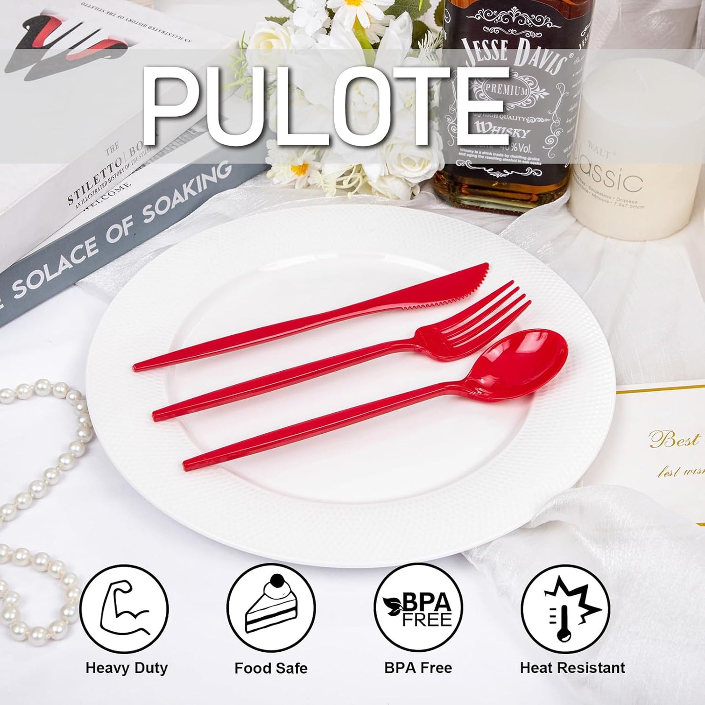 PULOTE 150PCS Red Plastic Silverware Set - Heavy Duty Plastic Cutlery - Red Utensils Disposable Include 50 Forks, 50 Spoons, 50 Knives for Party, Wedding & Mother’s Day