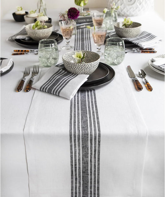 Solino Home Linen Striped Table Runner 90 Inches Long - Farmhouse 100% Pure Linen Black and White Dining Table Runner 14 x 90 Inch for Fall, Autumn, Halloween, Thanksgiving, Holiday