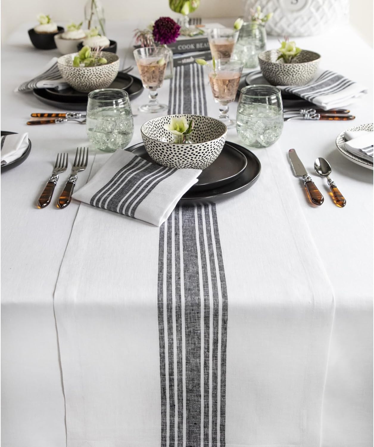 Solino Home Linen Striped Table Runner 48 Inches - 100% Pure Linen Black and White Farmhouse Small Table Runner 14 x 48 Inch Ideal for Dresser and Coffee Tables - Fall, Halloween, Thanksgiving