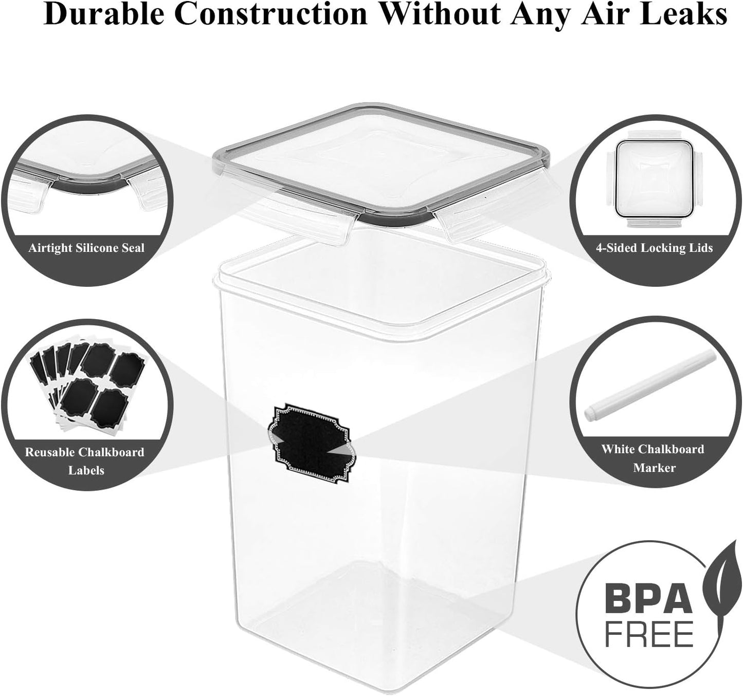 Wildone Extra Large Tall Airtight Food Storage Containers 6.5L/ 5.9QT, Plastic BPA Free Kitchen Pantry Storage Containers 4 Pieces for Flour, Sugar, Rice, with 20 Labels & 1 Marker, Black