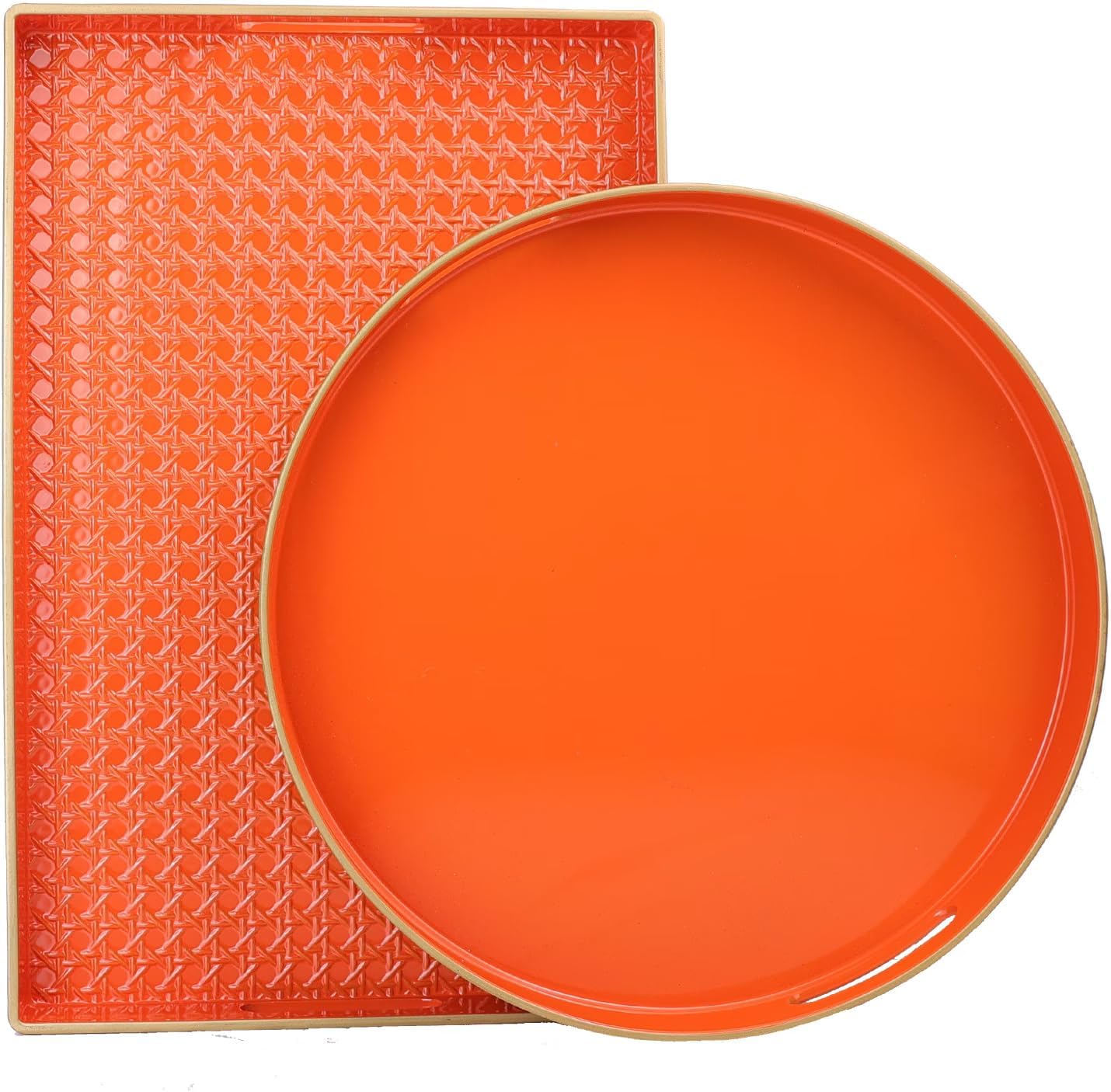 Orange Round Decorative Tray with Handles, 13" Elegant Coffee Table Serving Tray for Ottoman Living Room, Bathroom, Outdoors, Breakfast