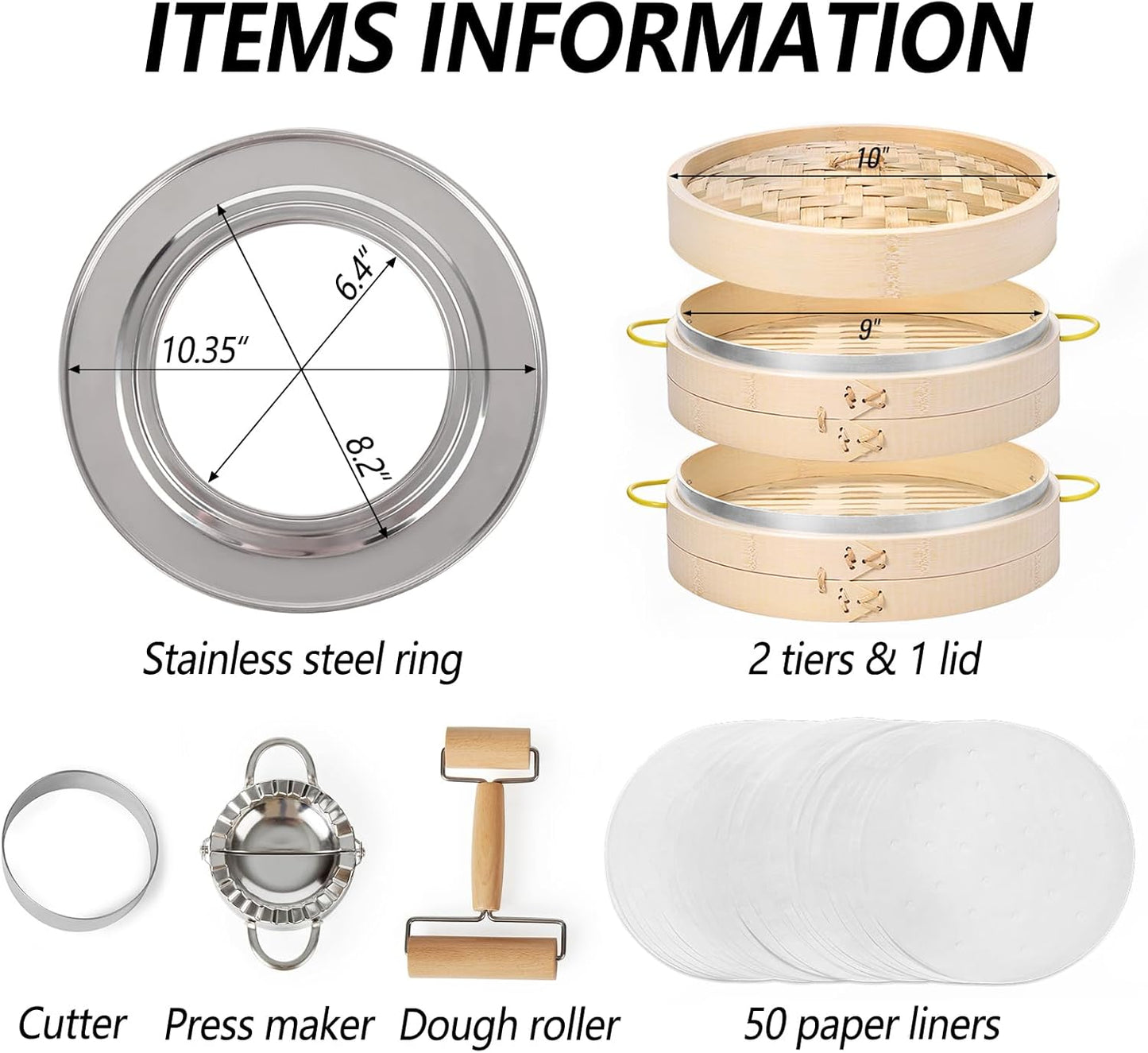 MacaRio Bamboo Steamer Basket Set 10 inch Dumpling Steamer for Cooking with Side Handles Ring Adapter Roller Dumpling Cutter & Press Liners for Dim Sum Dumplings Buns Seafoods Vegetables Rice
