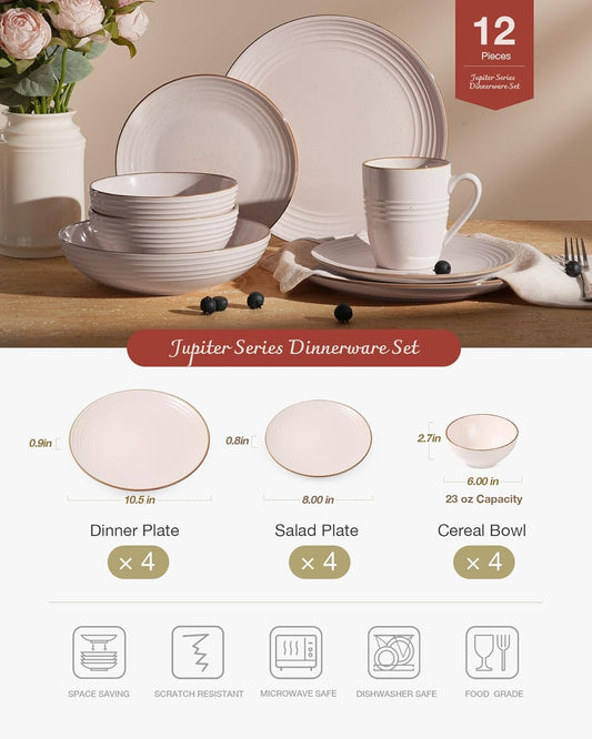 Famiware Jupiter Dinnerware Set, Plates and Bowls Dish Sets for 4 (12 Pieces), Microwave and Dishwasher Safe Stoneware Speckled Tableware, Chip and Scratch Resistant, Light Pink