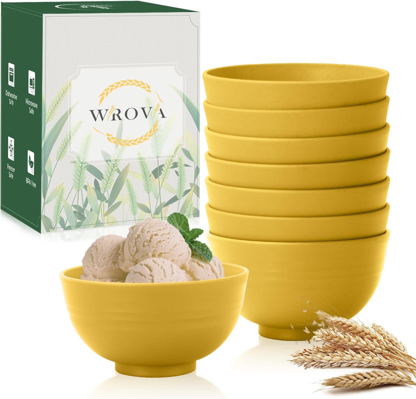 Wrova wheat straw icecream bowls 10oz set of 8 - Unbreakable Dessert Bowls Freezer Safe - Small Bowls for Yogurt,Snack and Fruits. Yellow