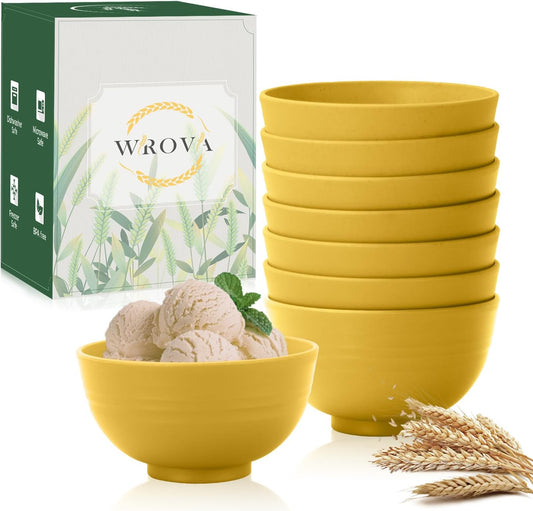 Wrova wheat straw icecream bowls 10oz set of 8 - Unbreakable Dessert Bowls Freezer Safe - Small Bowls for Yogurt,Snack and Fruits. Yellow