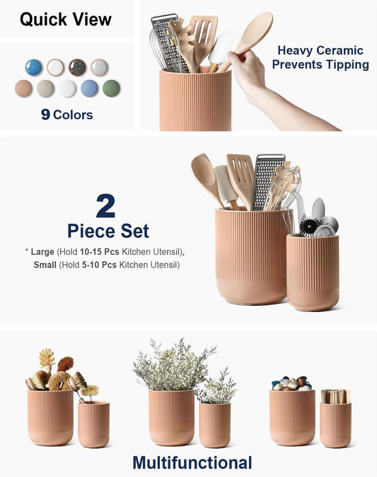 LE TAUCI Utensil Holder, 7.3"+5.4" Ceramic Kitchen Utensil Holder for Countertop, Large Cooking Utensil Crocks for Kitchen Counter, Modern Utensil Organizer for Spatula, Set of 2, Dusty Pink