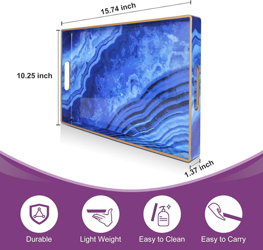 Gifturbo Blue Marble Serving Tray,Decorative Serving Trays with Handles,Coffee Table Tray Ottoman Rectangular Plastic Trays with Gold Rim for Living Room, Bathroom,15.7 x 10.2 x1.37 inches
