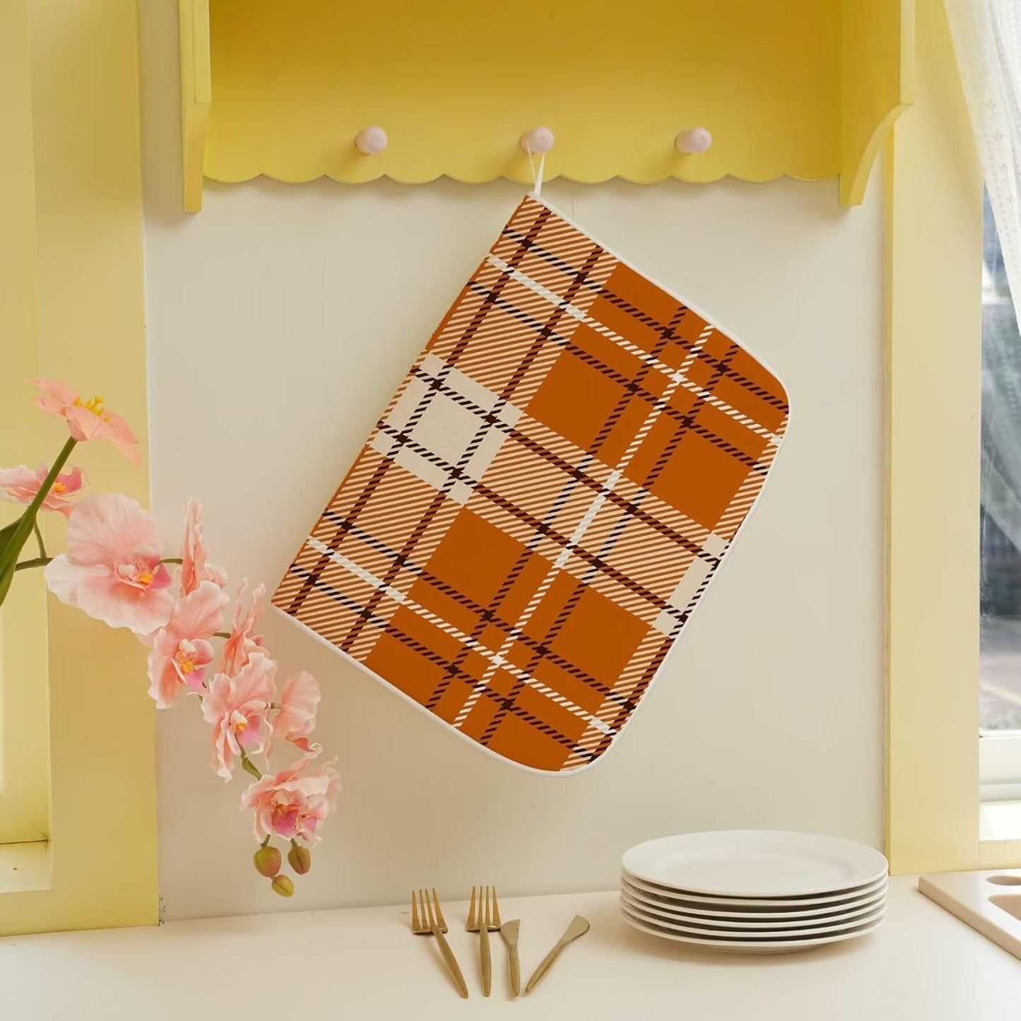 Fall Dish Drying Mat 18 x 24 inch Autumn Orange Buffalo Plaid Themed Decorative Drying Mats Microfiber Absorbent Dish Washable Draining Mat for Kitchen Counter Decor