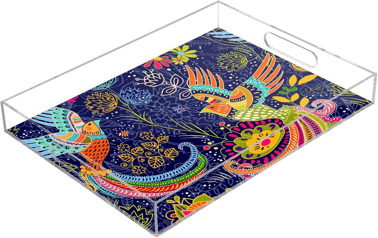 Acrylic Serving Tray with Handles Spill Proof Kitchen Storage Tray Clear Decorative Tray Makeup Drawer Organizer Storage Tray for Bathroom Living Room Ottoman 15.7x11.8Inches