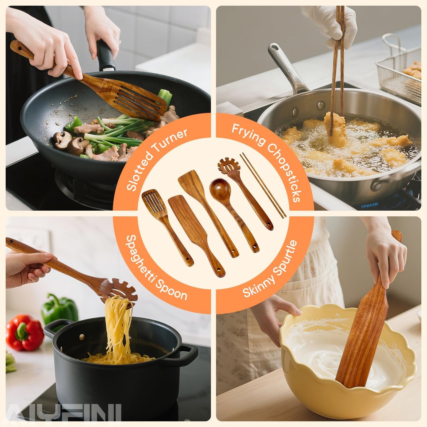 Non-Toxic Wooden Utensils for Cooking - Natural Acacia & Glue-Free,15.4" Large Spatula Set, Long Handle for Scald-Resistant, Wood Kitchen Spoons/Chopsticks/Holder, for Non Stick Frying Pans by ALYFINI